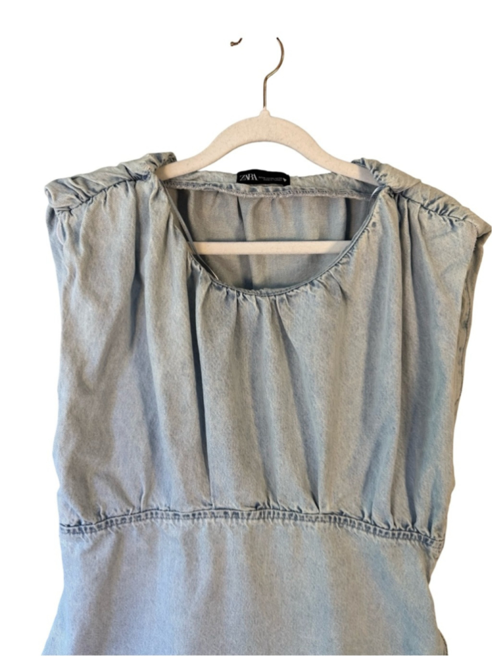 Zara Light Blue Denim Mini Dress with Statement Shoulders Size XL Y2K Minimalist - Picture 11 of 14